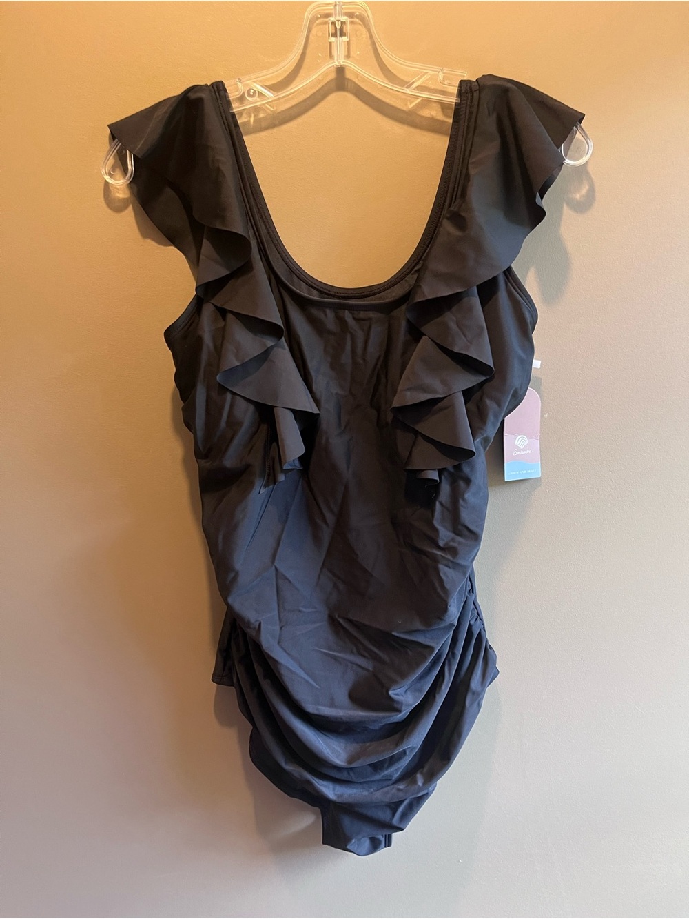 Elegant Ruffle-Trim Black One-Piece Swimsuit large bnwt